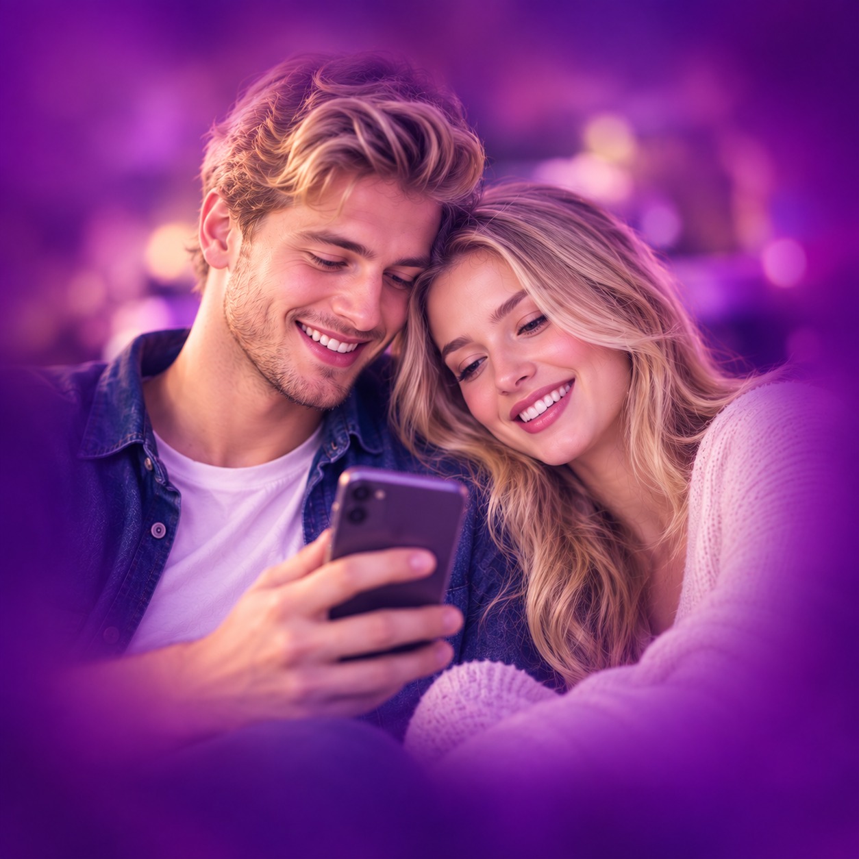 Couple smiling together while looking at their phone